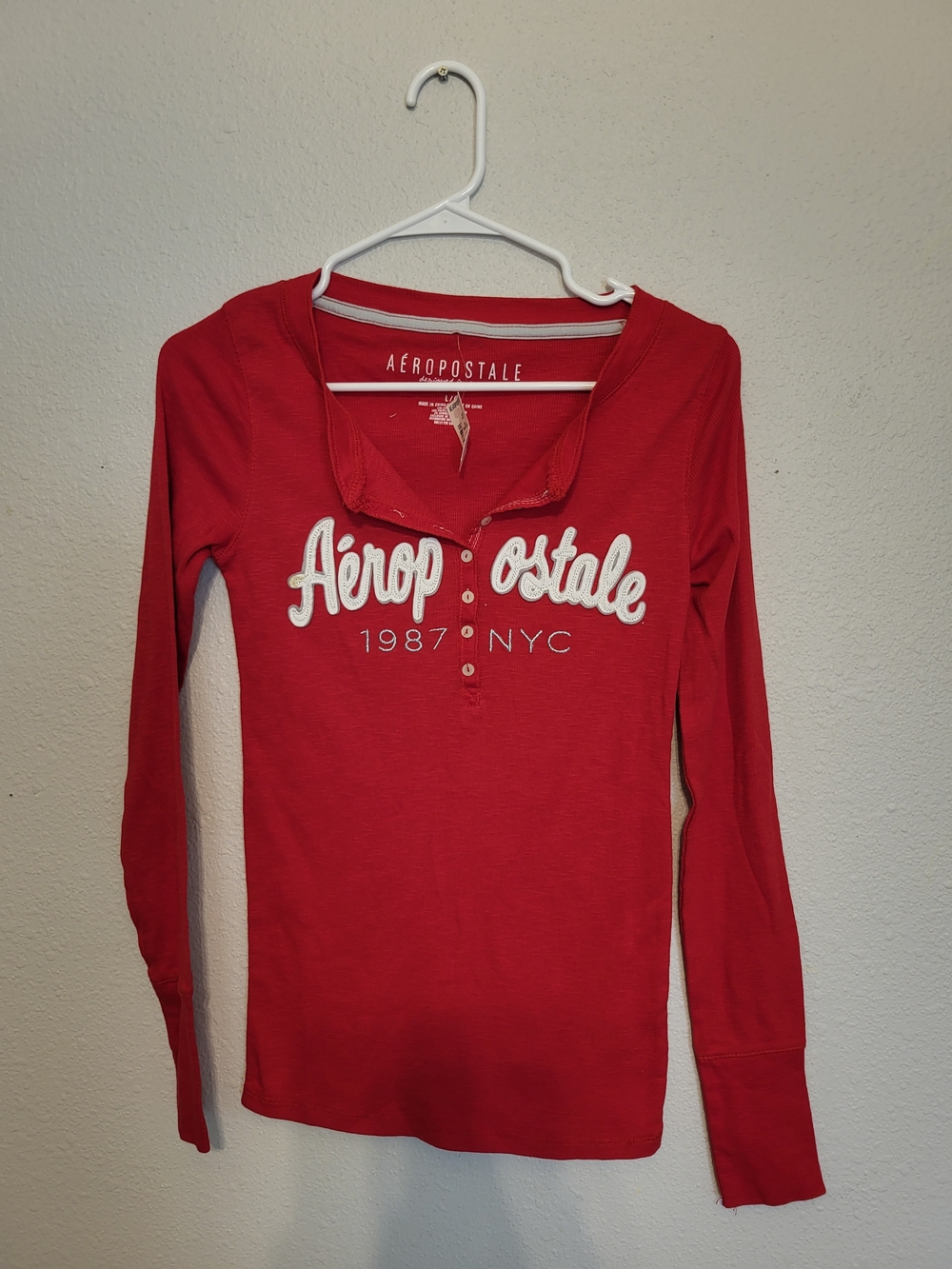 Aeropostale Red Ribbed Henley Tee